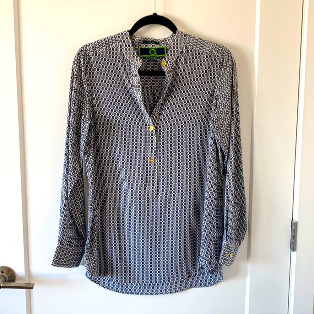 Navy and White Silk Blouse